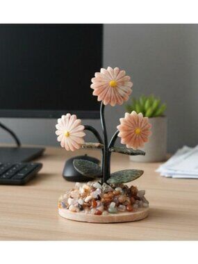 Handcrafted Quartz and gemstone Flower Sculpture Pink Petals & Polished stones